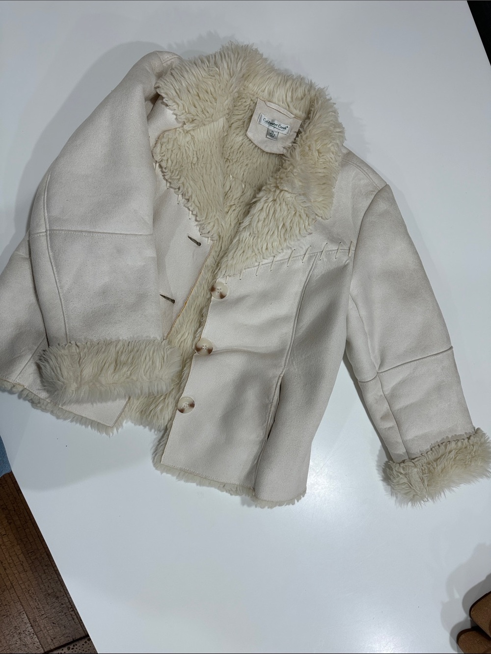 Women’s cream-colored Coldwater Creek Faux Suede & Faux Fur Trim Jacket